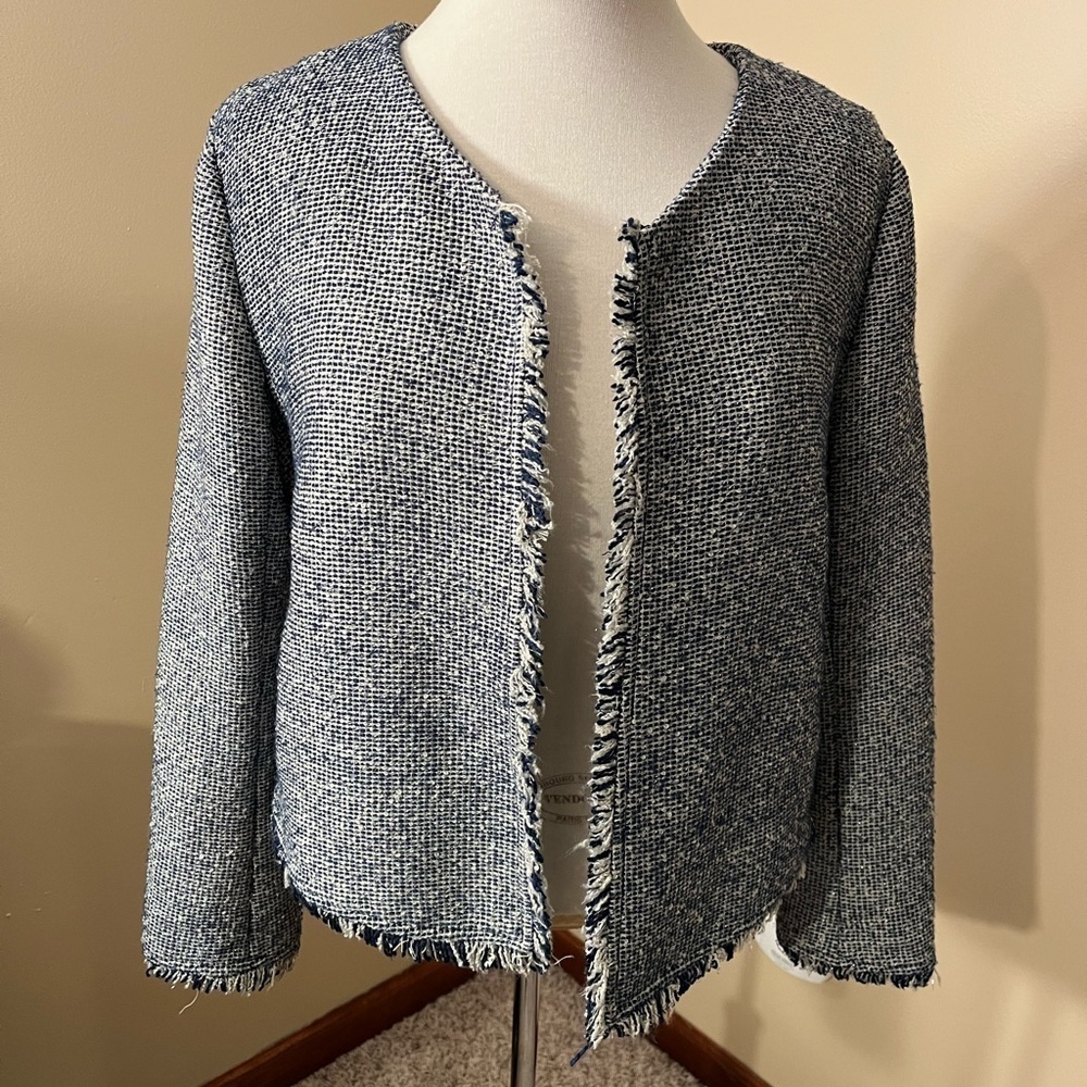 Banana Republic Blue/White Fringe Trim Tweed Open Front Blazer Sz 8